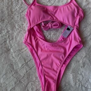 Pink Ribbed Cutout Swimsuit